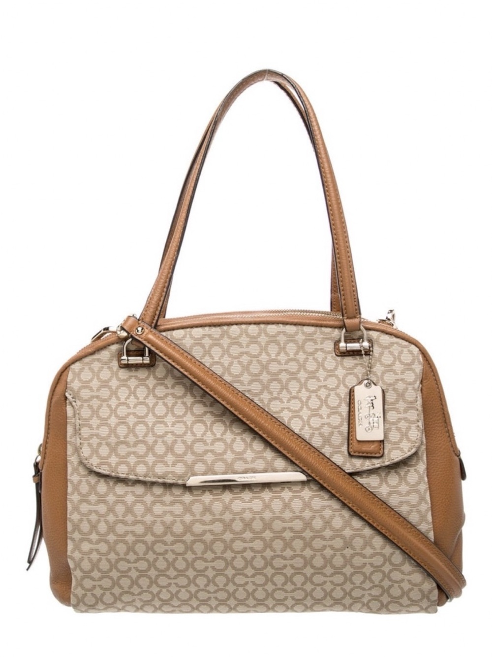 Coach Beige Signature Canvas Satchel with Tan Leather Trim